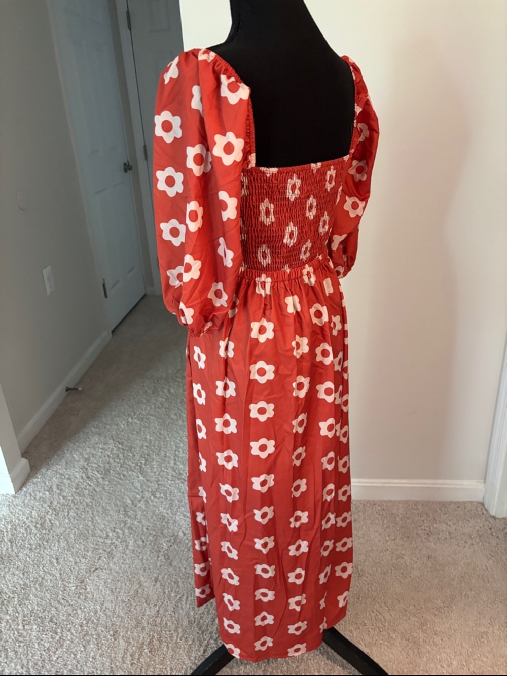Red Floral Smocked Square-Neck Maxi Dress